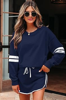 Womens 2 Piece Sets Casual Stripes Drop Shoulder Long Sleeve Tops and Matching Drawstring Skort L... | Amazon (US)