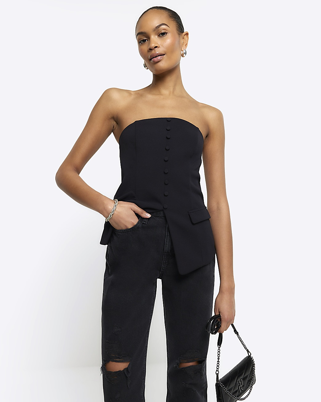 Black Buttoned Bandeau Top | River Island (UK & IE)