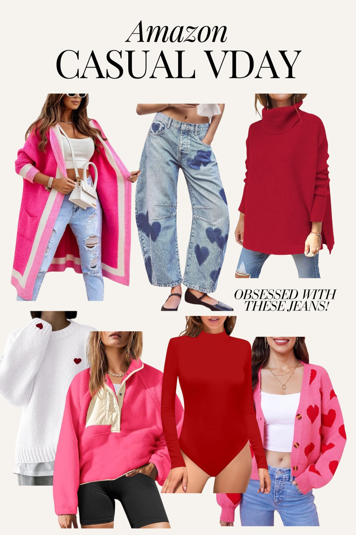 Amazon casual Valentine’s Day outfit ideas! Vday outfit idea, heart barrel jeans, red sweater, pink sweater, heart sweater, Vday sweater, last minute Vday outfit 

#LTKFindsUnder100 #LTKStyleTip