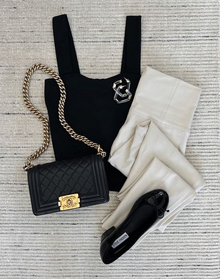 Smart casual workwear with black square neckline bodysuit paired with work styled leggings, flats and accessories! Leggings are comfortable, but more structured that makes it workwear appropriate. Leggings in the cream color are low on stock but available in other colors!

#LTKStyleTip #LTKSeasonal