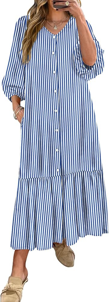 ANRABESS Boho Maxi Dresses for Women Summer Puff Sleeve V Neck Flowy Long Casual Dress with Pocke... | Amazon (US)