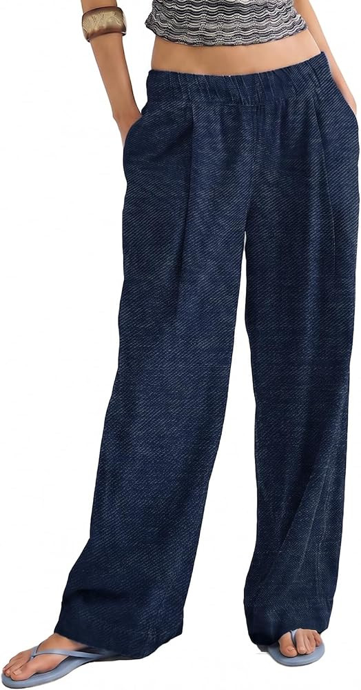 Gnveub Women's Elastic Waist Wide Leg Pants Casual High Waist Baggy Pants Lounge Trousers with Po... | Amazon (US)