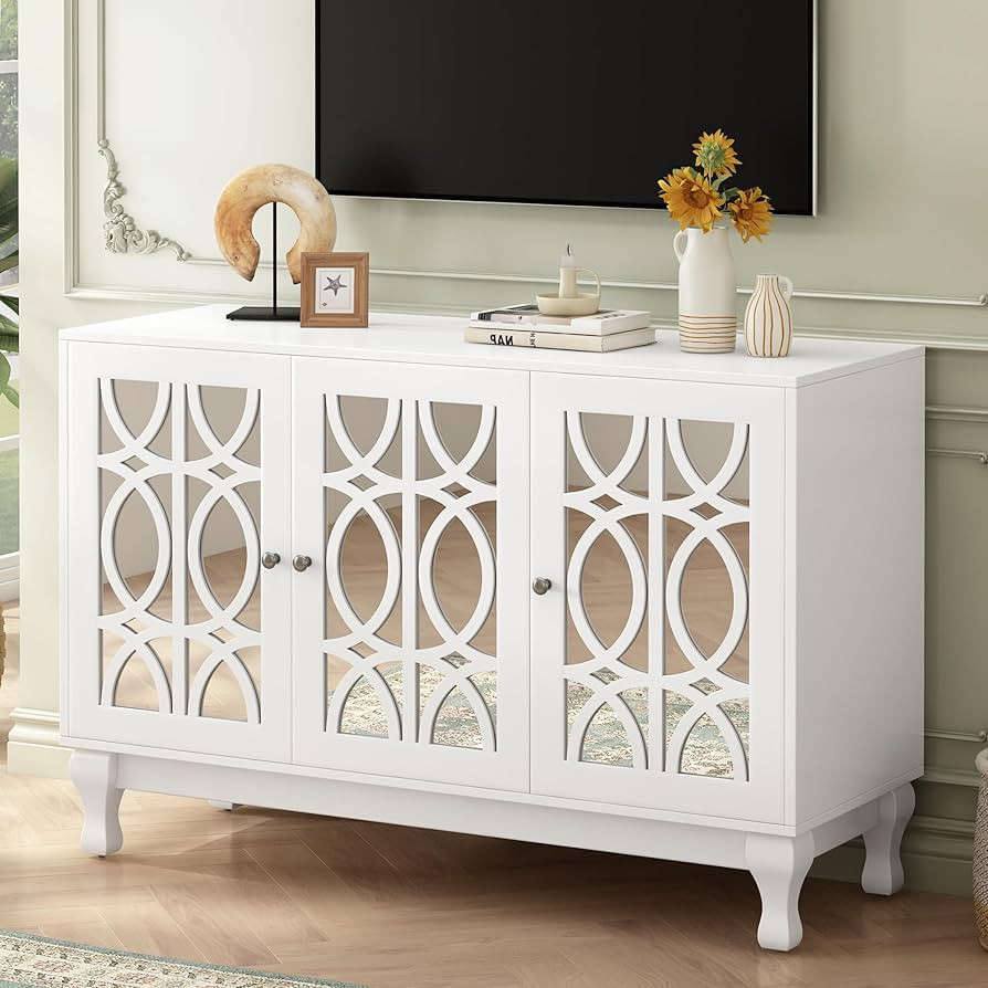 Amposei Accent Sideboard Cabinet 47.3-Inch Mirrored Glass Door Credenza Storage Cabinet Buffet Ta... | Amazon (US)