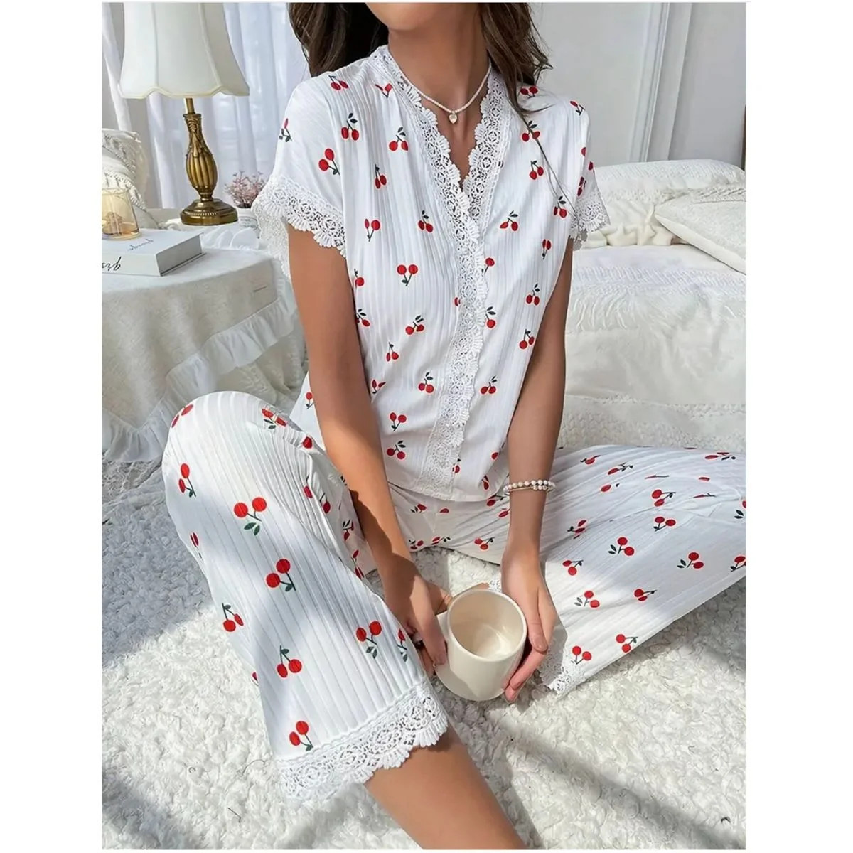Women's 2-Piece Lace Trim Print Pajama Set | Zulily