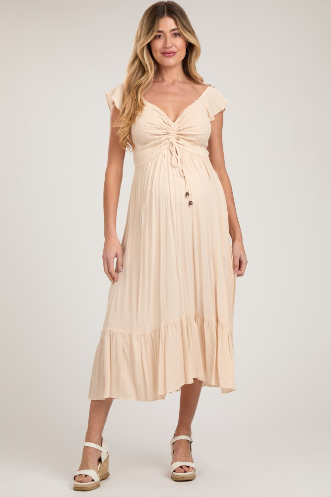 Beige Smocked Ruched Ruffle Hem Maternity Maxi Dress | PinkBlush Maternity
