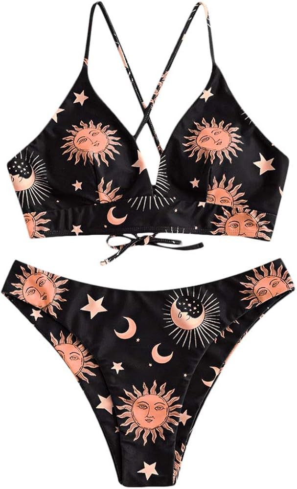 ZAFUL Star Sun Moon Print Bathing Suits for Women Back Criss Cross Lace-up Triangle Bikini | Amazon (US)