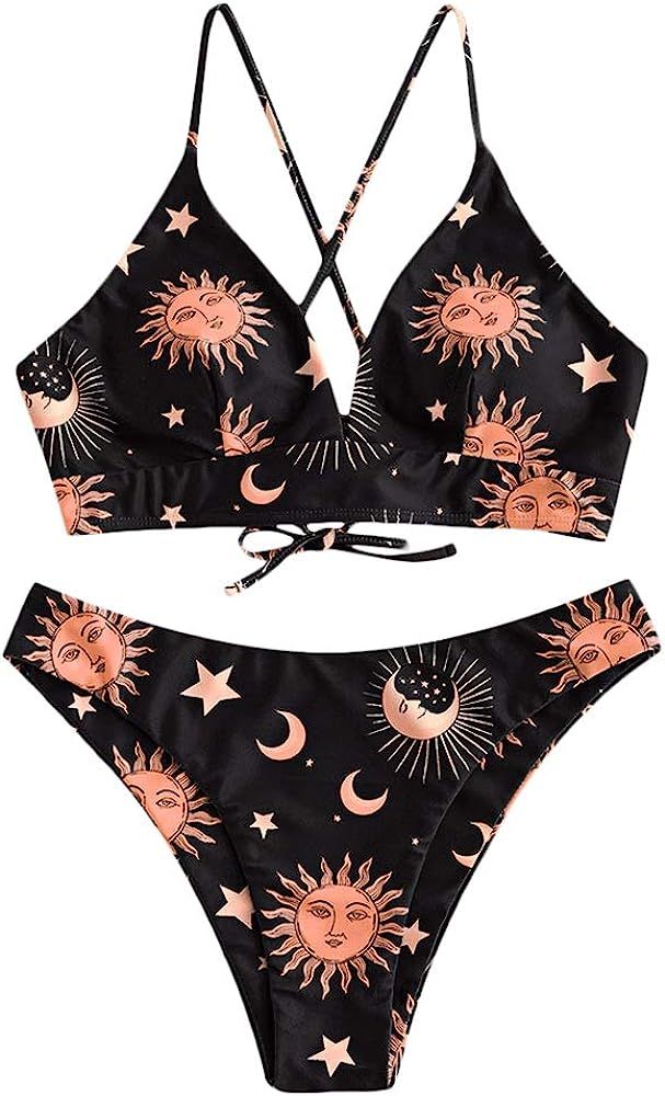ZAFUL Star Sun Moon Print Bathing Suits for Women Back Criss Cross Lace-up Triangle Bikini | Amazon (US)