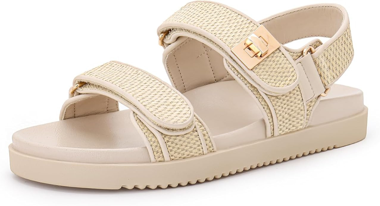 Rihero Women's Flat Sandals Comfort Adjustable Double Strap Slip on Leather Footbed Sandals | Amazon (US)