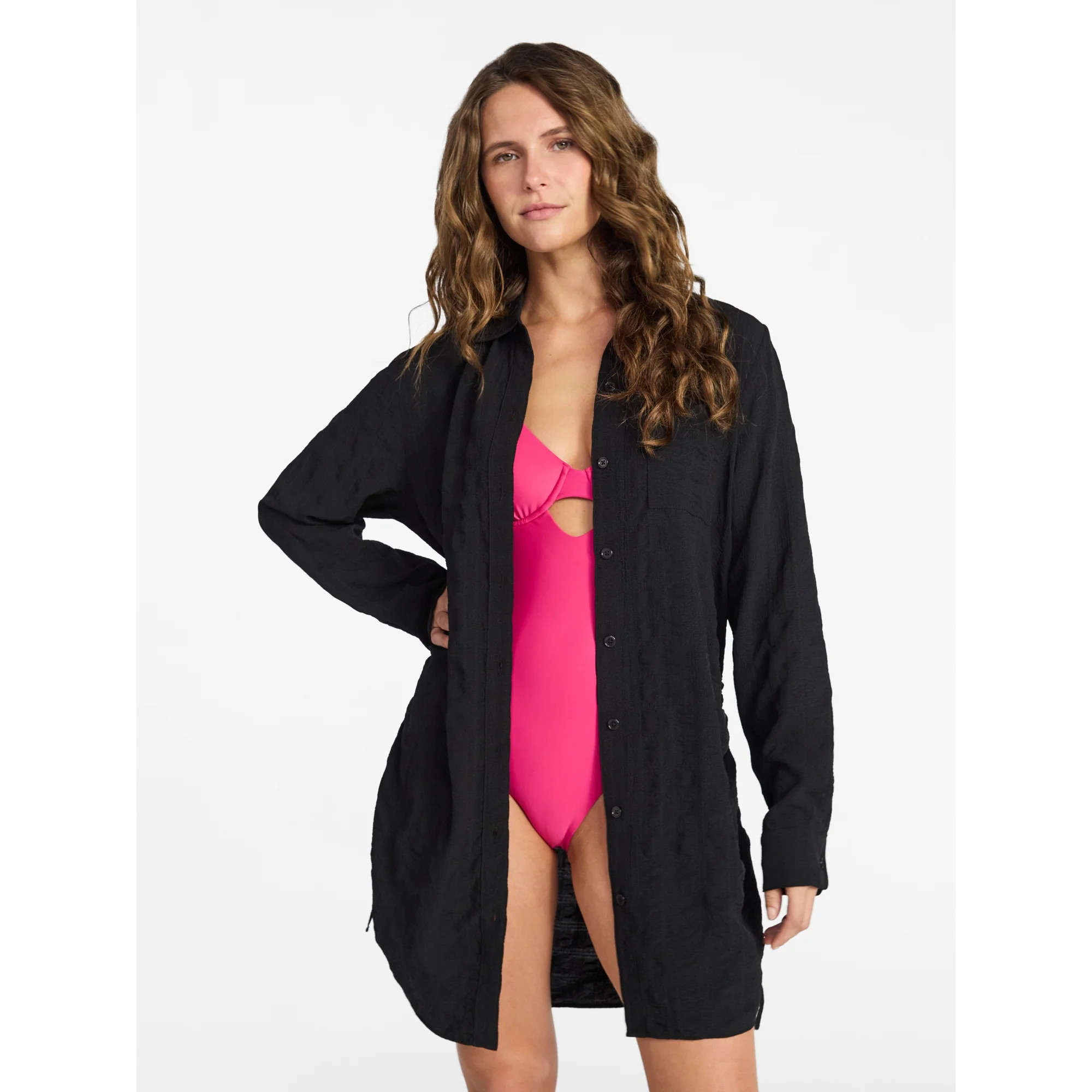 Time and Tru Women's and Women's Plus Size Essentials Convertible Button Down Shirt Coverup, Size... | Walmart (US)