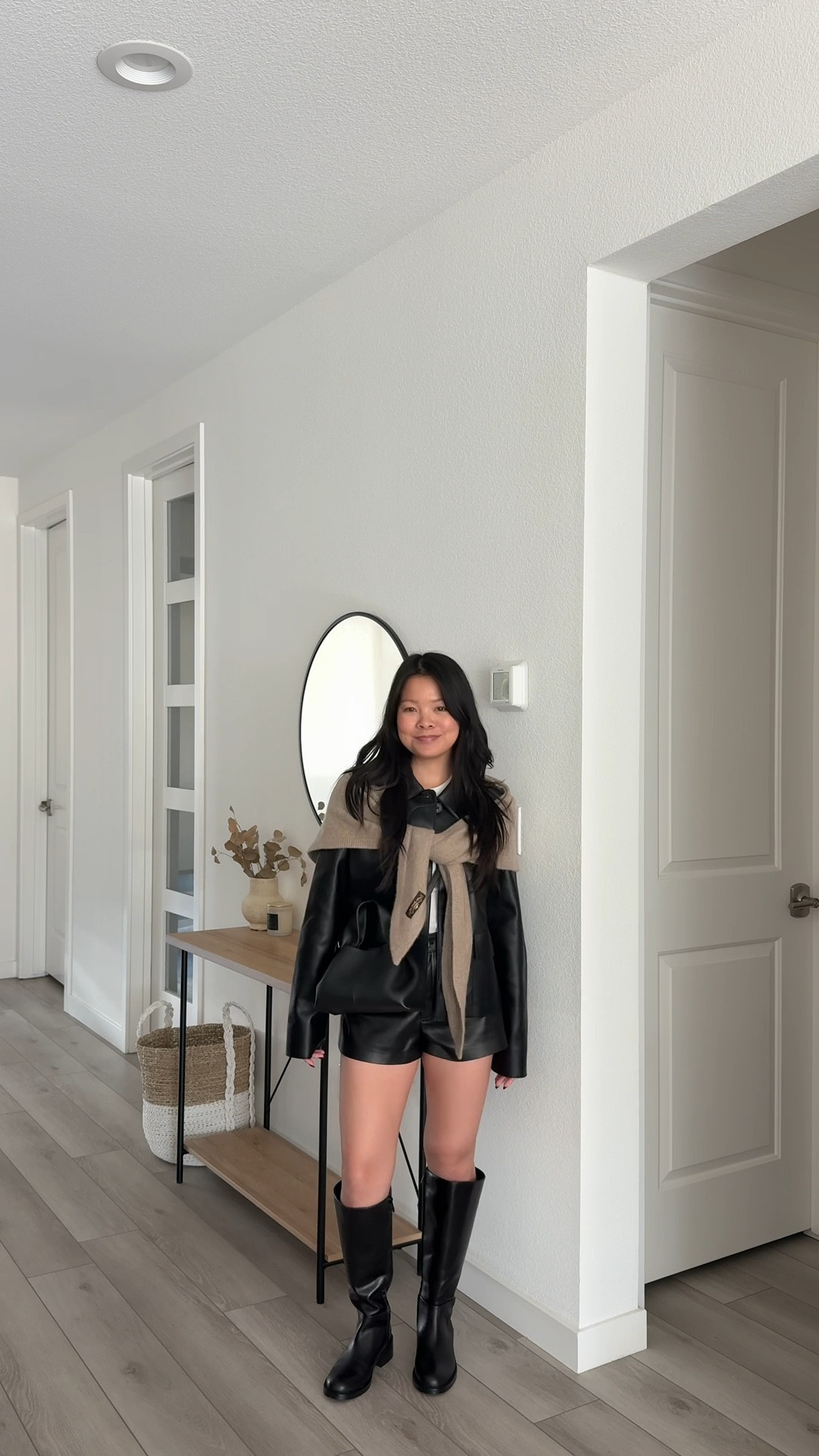 Size M in jacket
Size XS in white tee
Size 26 in shorts (exact sold out, linked similar)
Black knee high boots run small (size up half size) 

#LTKPetite #LTKHoliday #LTKootd