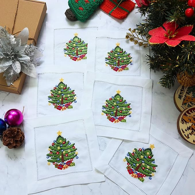 Embroidered White Cocktail Napkins 6"x6" Set of 6 Cloth Napkin Coasters, Christmas Tree Embroider... | Amazon (US)