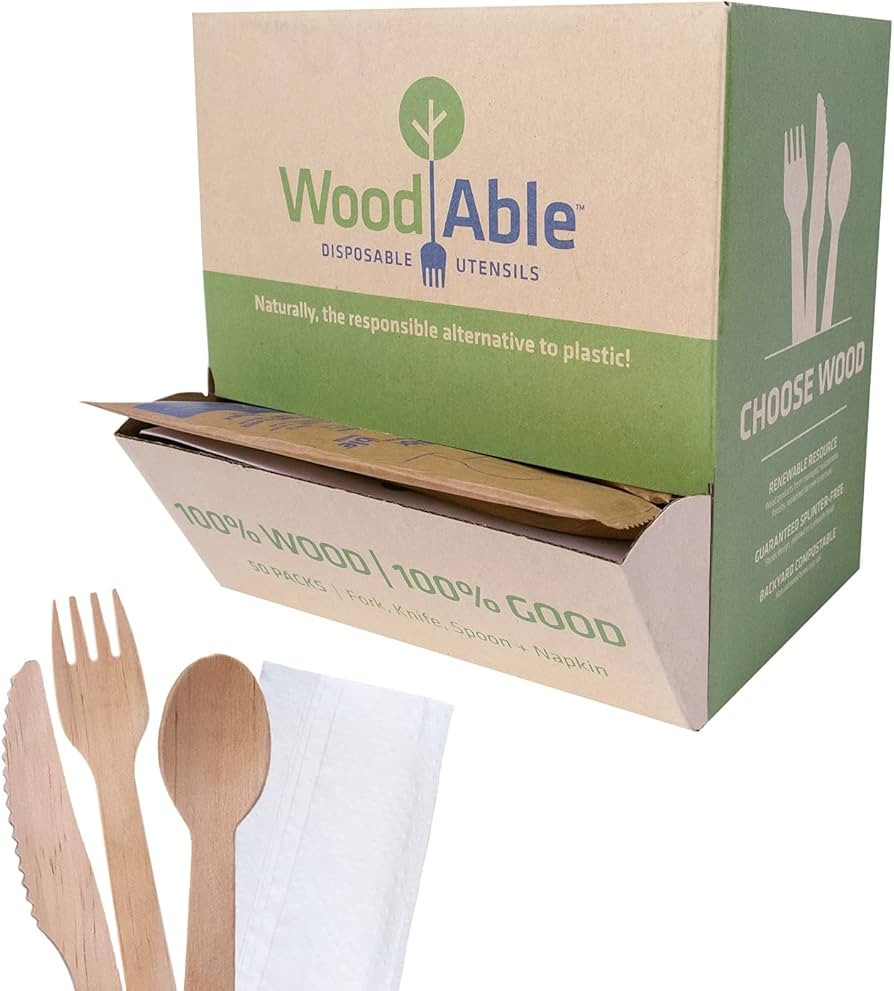 Disposable Wooden Cutlery Set - 100% Home Compostable - 50 Wrapped Sets Dispenser (Fork, Knife, S... | Amazon (US)