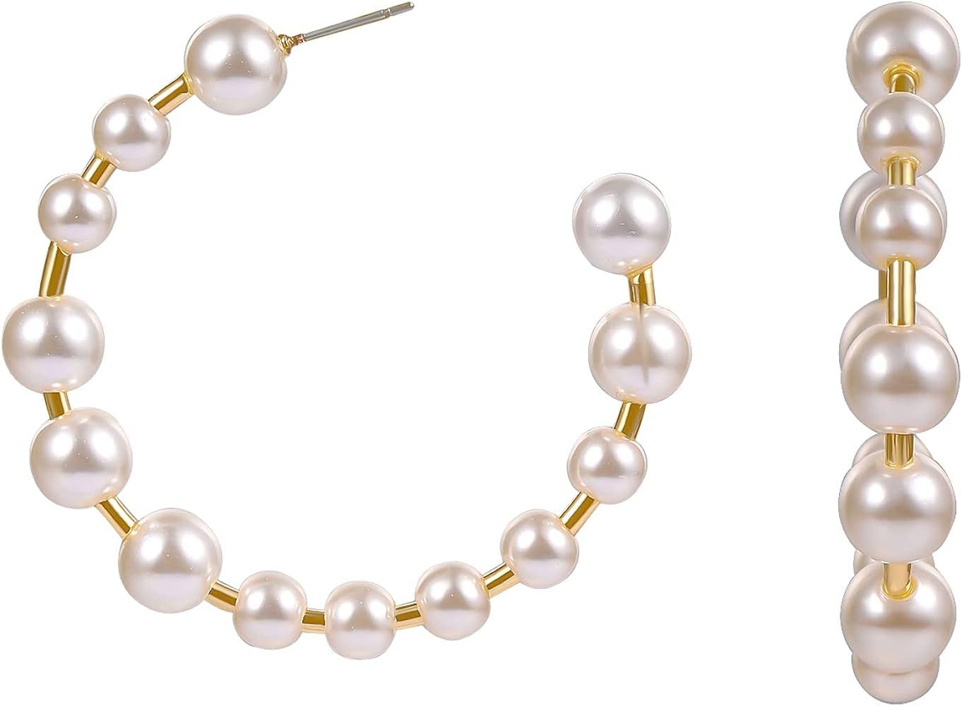 Imitation Pearl Hoop Earrings for Women - Circle Faux Pearl Open Hoop Earring Gold for Mother Gir | Amazon (US)