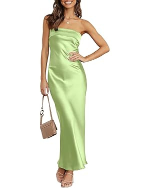 ANRABESS 2024 Summer Wedding Guest Maxi Dresses for Women Sexy Strapless Satin Silk Formal Cockta... | Amazon (US)