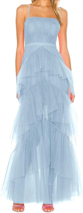 Women's Tulle Bridesmaid Dress Spaghetti Strap Prom Dress A Line Formal Evening Gown UU72 | Amazon (US)