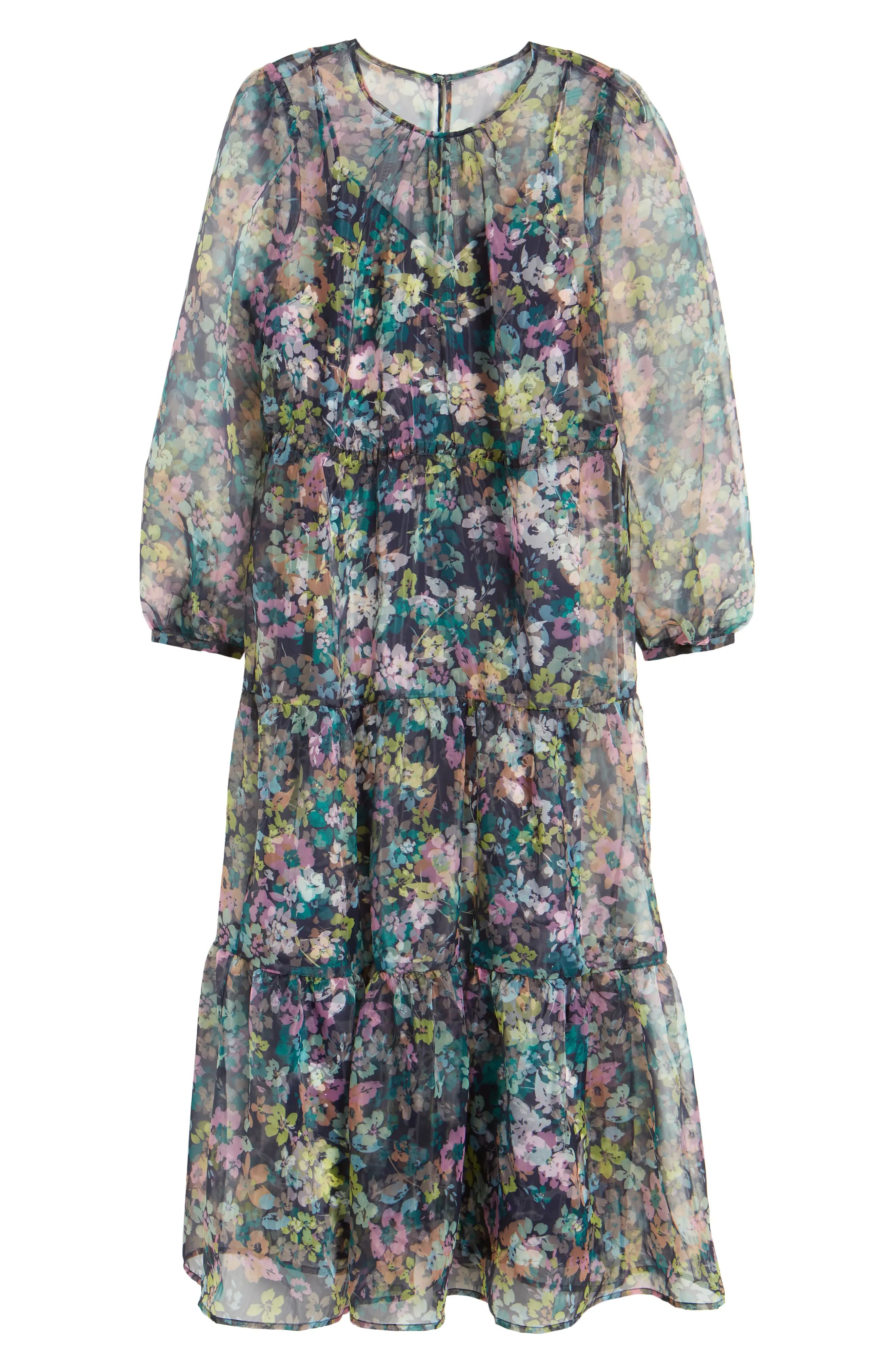 Women's Halogen X Atlantic-Pacific Long Sleeve Floral Sheer Tiered Maxi Dress | Nordstrom