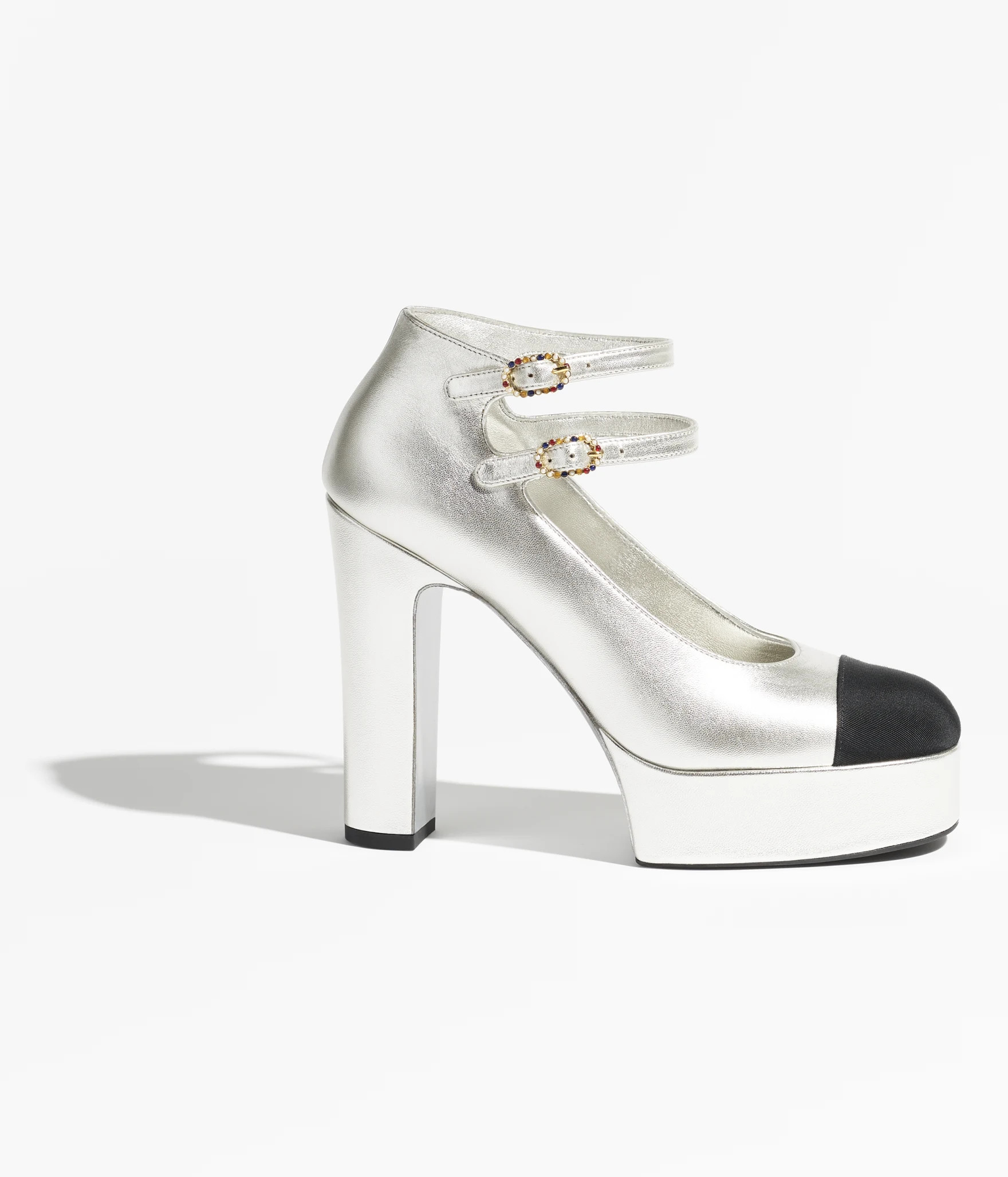 Mary janes - Laminated lambskin & grosgrain, silver & black — Fashion | CHANEL | Chanel, Inc. (US)