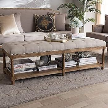 Baxton Studio Celeste Button Tufted Bedroom Bench in Beige and Oak | Amazon (US)
