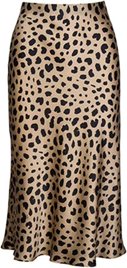 Soowalaoo High Waist Leopard Midi Skirt Hidden Elasticized Waistband Silk Satin Skirts | Amazon (US)