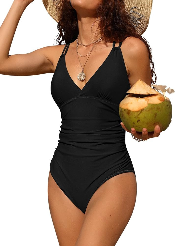 Charmo Tummy Control One Piece Swimsuits for Women Ruched Bathing Suits Strappy V Neck Monokini | Amazon (US)