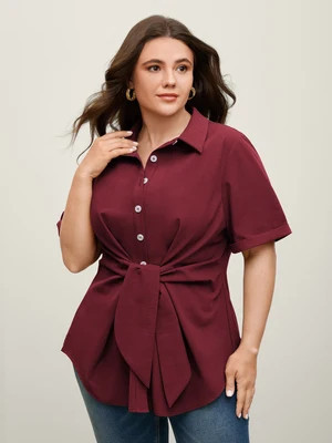 Plus Size Originalwhite Knotted Front Asymmetrical Hem Blouse Women Short sleeve Shirt collar Work Blouses BloomChic 14-16/1X | Bloomchic