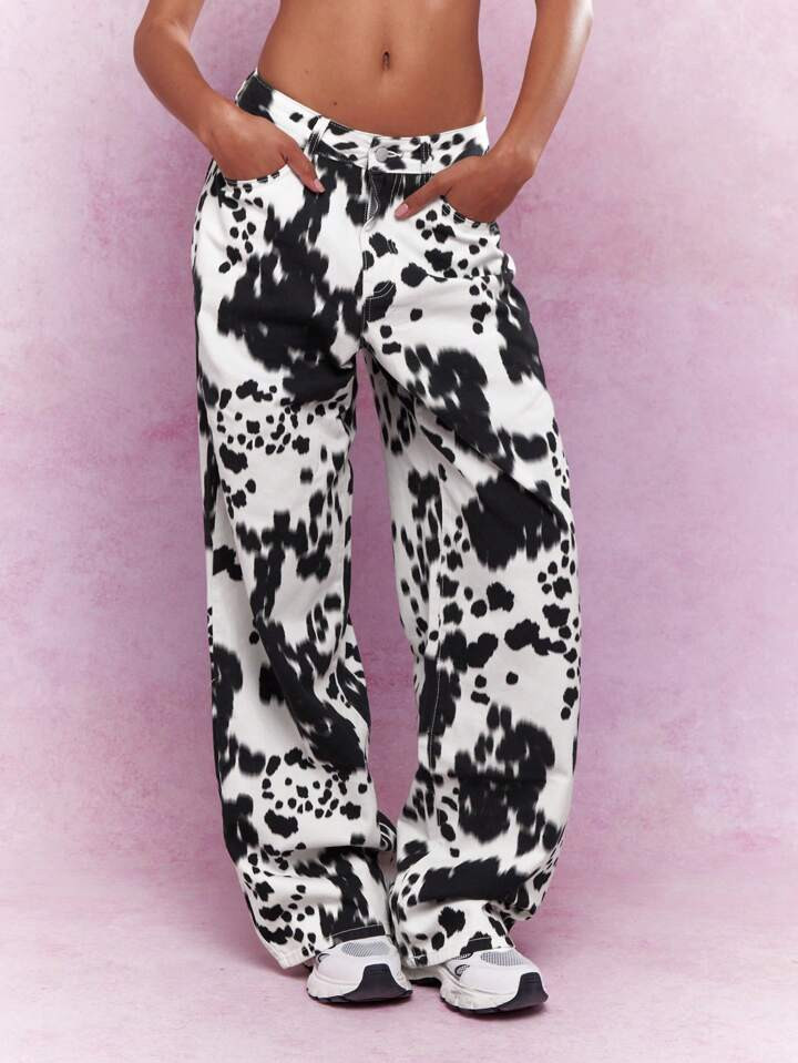 MISSGUIDED All Over Black And White Print Wide Leg Jeans | SHEIN