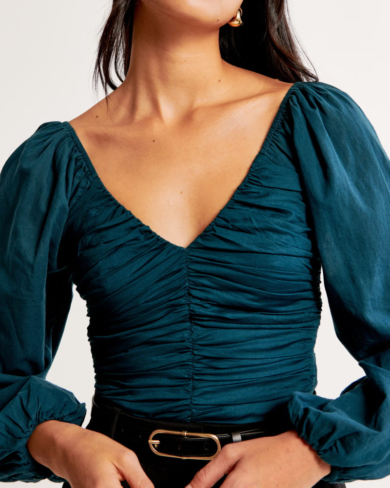 Long-Sleeve Sheer Cotton Cinched Top | Abercrombie & Fitch (US)