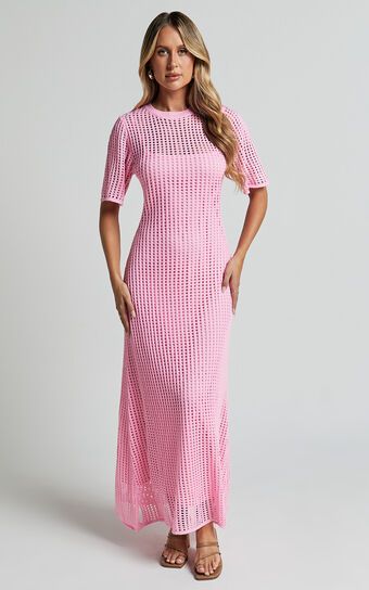 Kristy Midi Dress - Crew Neck Crochet Knitted Midi Dress in Pink | Showpo (US, UK & Europe)