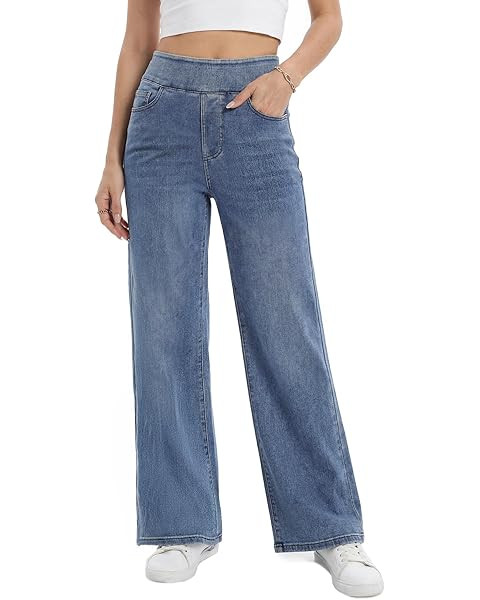 ONESO Mid-Low Rise Baggy Jeans Wide Leg for Women Distressed Pants Stretchy Bottom Lady Basic Com... | Amazon (US)