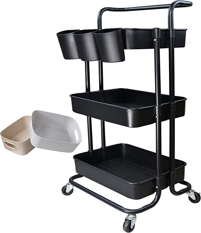 Freletry 3 Tier Utility Rolling Cart Storage Organizer Shelf Rack with 3PCS Hanging Cups 8PCS Hoo... | Amazon (US)