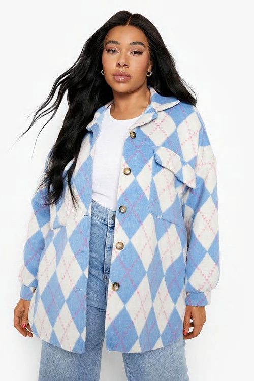 Plus Size Blue Check Oversized Shacket | Boohoo.com (US & CA)