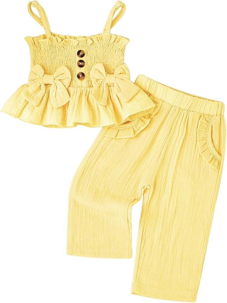Toddler Baby Girl Clothes Summer Outfits Cute Bow Button Ruffle Camisole Pants Set 9-36 Months | Amazon (US)