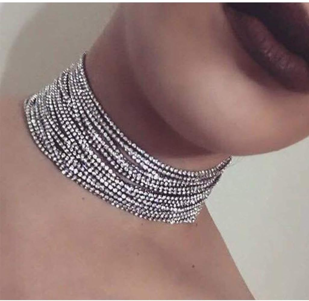 Amazon.com: Aukmla Multi Layered Chain Crystal Rhinestone Choker Fully Diamond Statement Necklace... | Amazon (US)