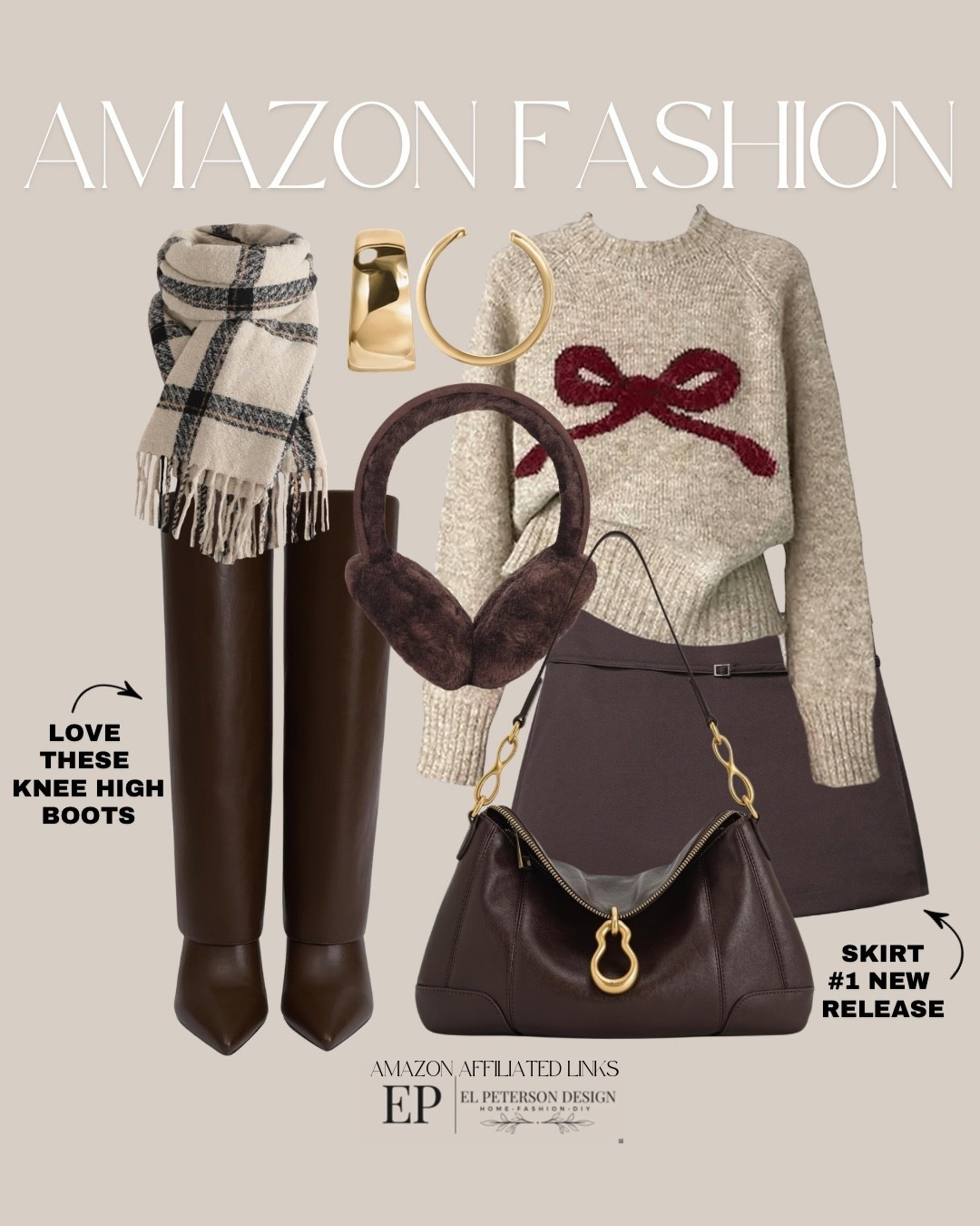 Amazon Fashiom
Sweater
Skirt
Scarf
Knee high boots
Earmuffs
Earrings 
Purse 

#LTKFindsUnder50 #LTKFindsUnder100