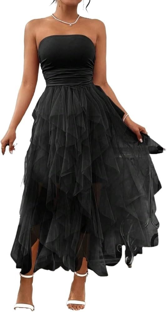 Dresses for Women Sleeveless 2024 Solid Color Mesh Panel Strapless Dress Trendy Dress | Amazon (US)