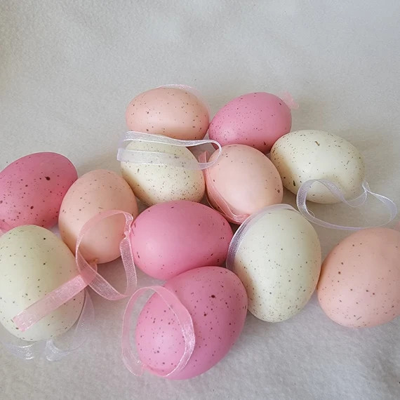 12 Hanging Easter Egg Ornaments, Shades of Pink & Cream, Hanging Easter Tree Ornaments, Feather W... | Etsy (US)