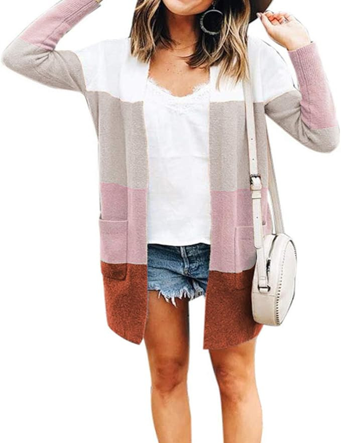 JUNBOON Women's Striped Long Sleeve Open Front Knit Cardigan Casual Pullover Sweater | Amazon (US)