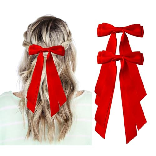 Red Hair Bows for Women - 2Pcs Silkly Satin Hair Ribbon Bow with Metal Clips Hair Accessories for Girls | Amazon (US)