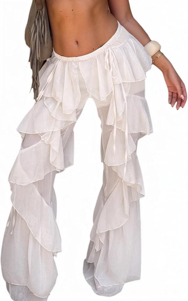 Women Ruffle Mesh Pants Sexy Flare Beach Cover Up Pants Sheer Going Out Bottoms for Pool Party Fe... | Amazon (US)