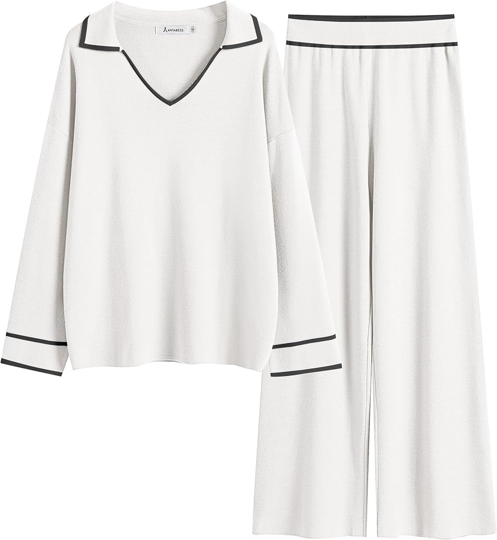 ANRABESS Womens 2 Piece Outfits Lounge Set V Neck Long Sleeve Knit Pullover Tops and High Waist W... | Amazon (US)