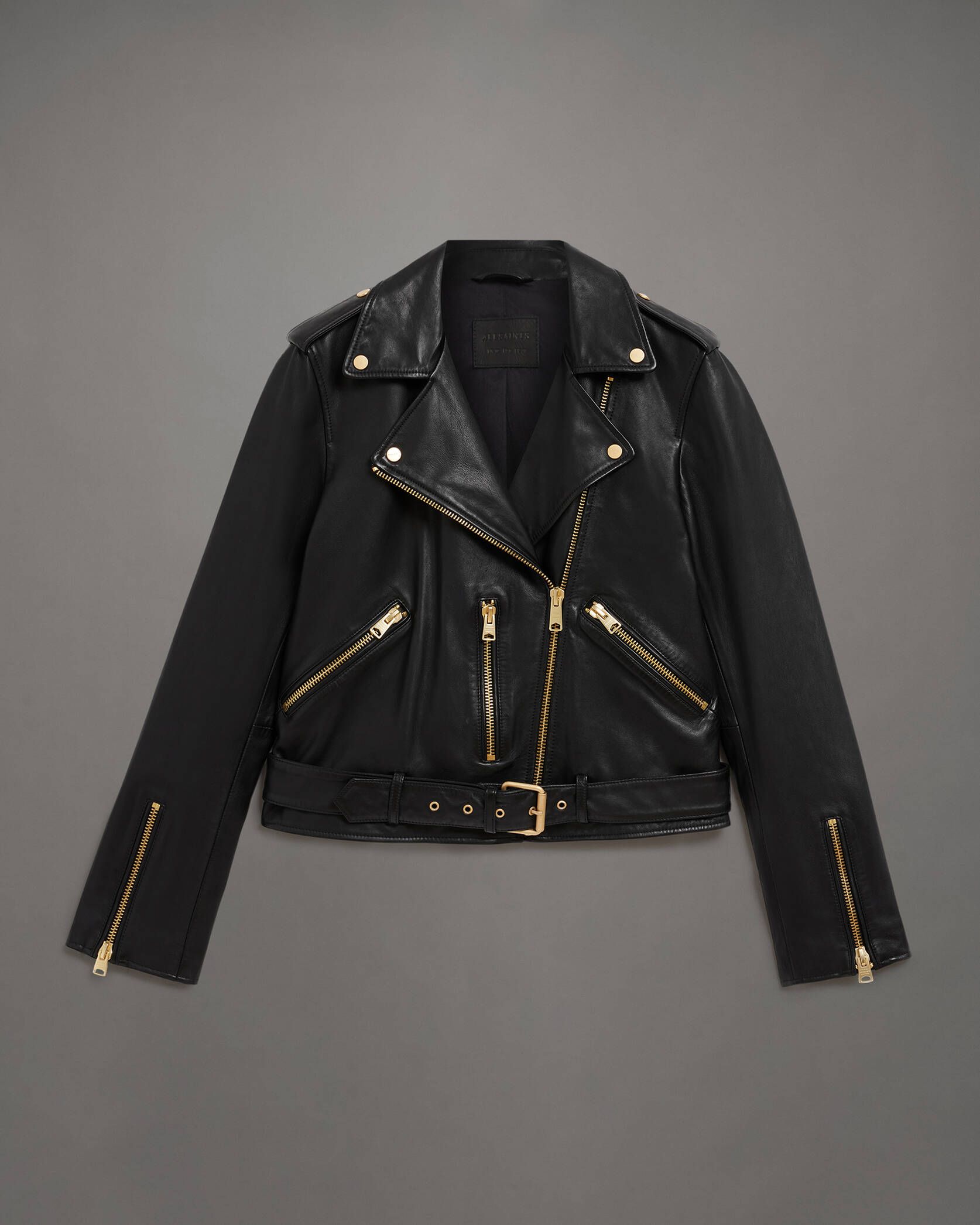 Balfern Belted Hem Leather Biker Jacket BLACK/GOLD | ALLSAINTS | AllSaints UK