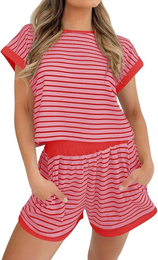 Tankaneo Womens Summer 2 Piece Sets Striped Short Sleeve T Shirts and Shorts Loungewear Matching ... | Amazon (US)