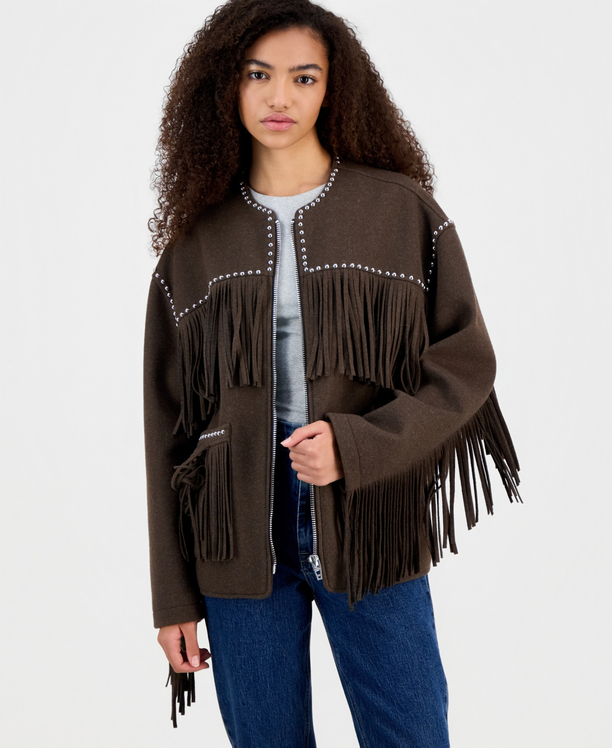 Blank Nyc Women's Fringe Benefits Studded Jacket - Brown | Macy's