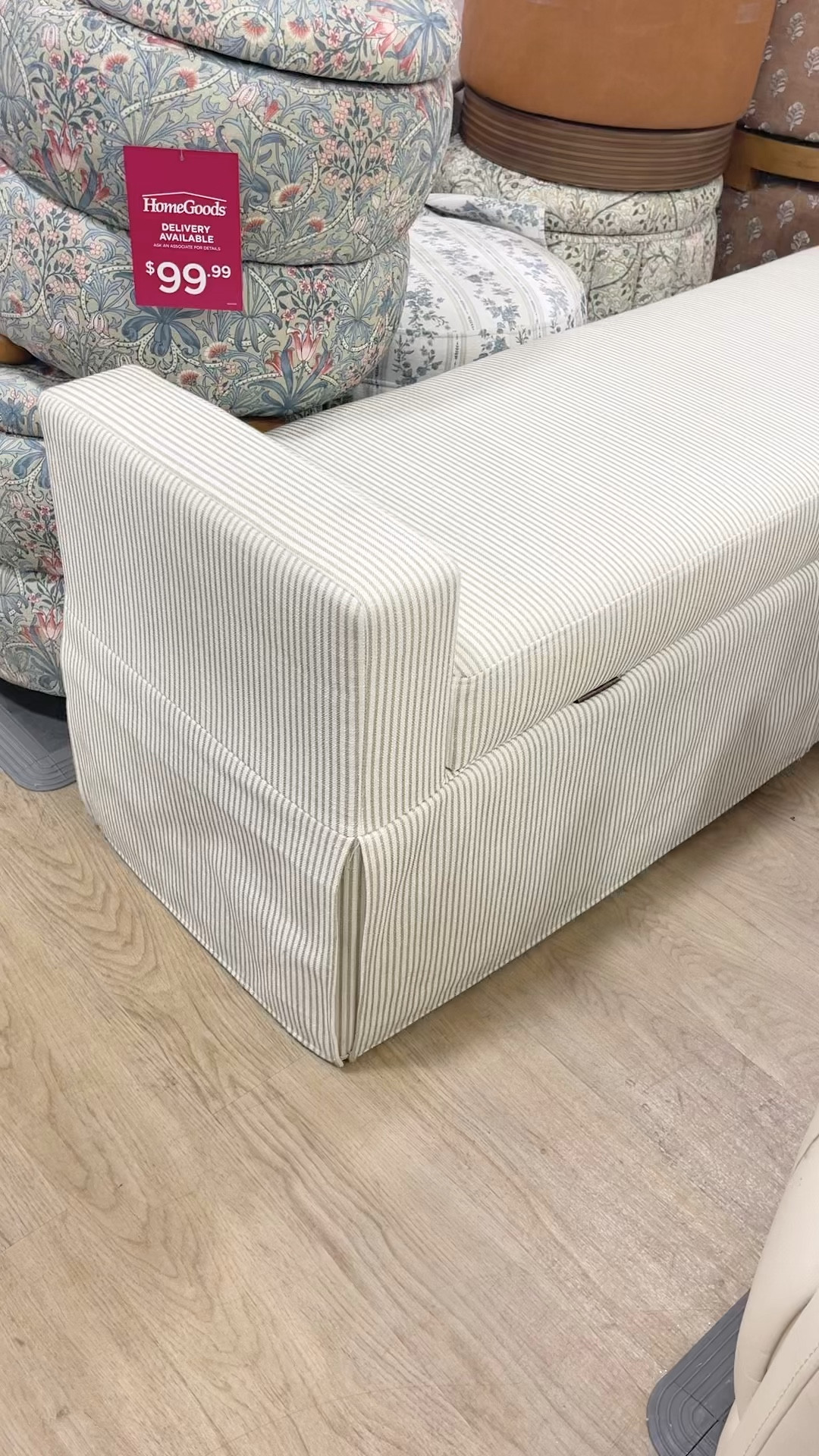 Restock alert on this sage striped skirted storage bench!! 😍 sold out fast the last time it came online!! Perfect for end of bed storage, kids room or entryway! 🤍