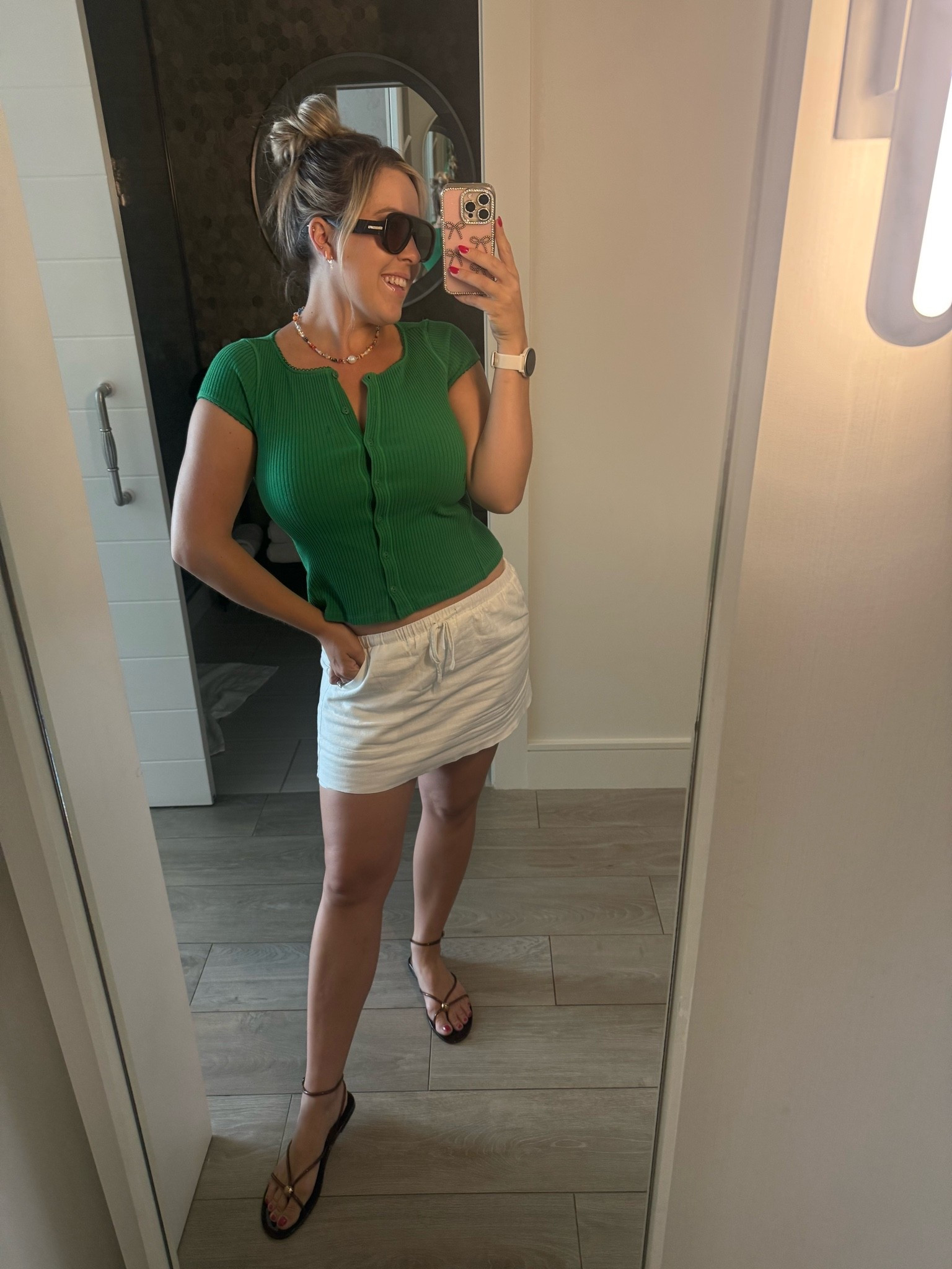 Green Short sleeve ribbed button-down cardigan
White linen mini skirt
Brown jelly comfortable sandals
Summer vacation outfit

#LTKTravel #LTKMidsize #LTKootd