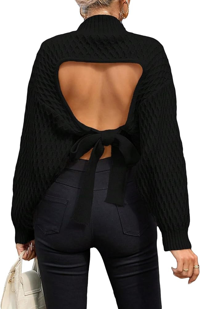 GORGLITTER Women's Open Tie Back Long Sleeve Sweater Top Mock Neck Backless Drop Shoulder Knit Sw... | Amazon (US)