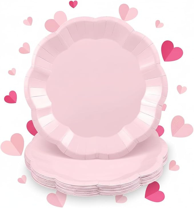 30 Pcs Pink Plates, 9 Inch Scalloped Pink Galentines Plates Disposable Dinner Paper Plate Valenti... | Amazon (US)