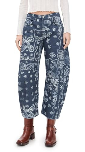 Free People Women's Good Luck Printed Barrel Jeans, Navy Bandana, 24 | Amazon (US)