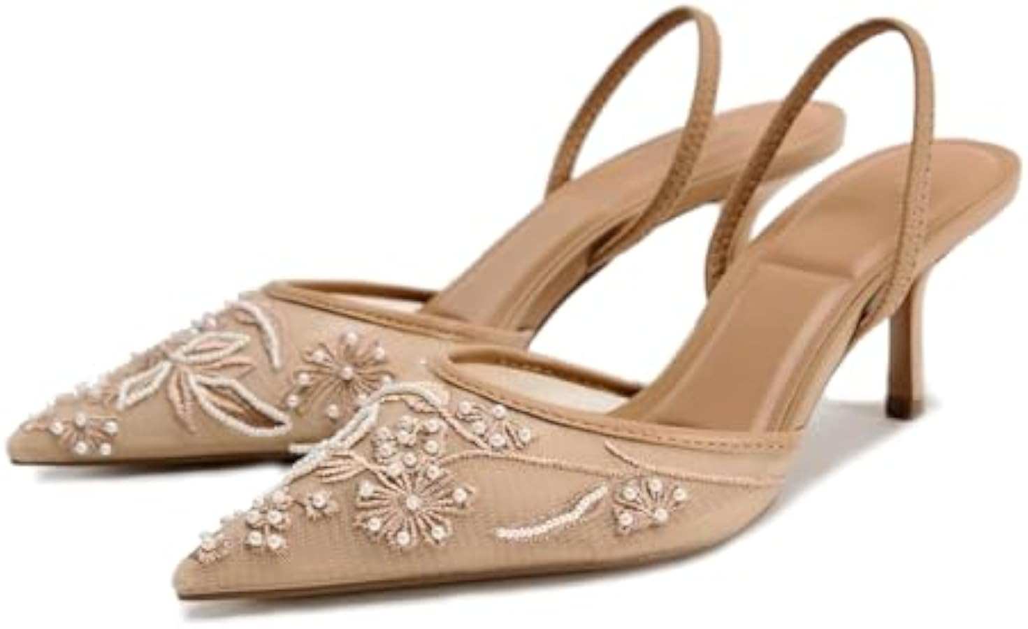 Lymphvity Women's Mesh Embroidered Slingback Heels with Bead Elegant Backless Kitten Heels Pointe... | Amazon (US)