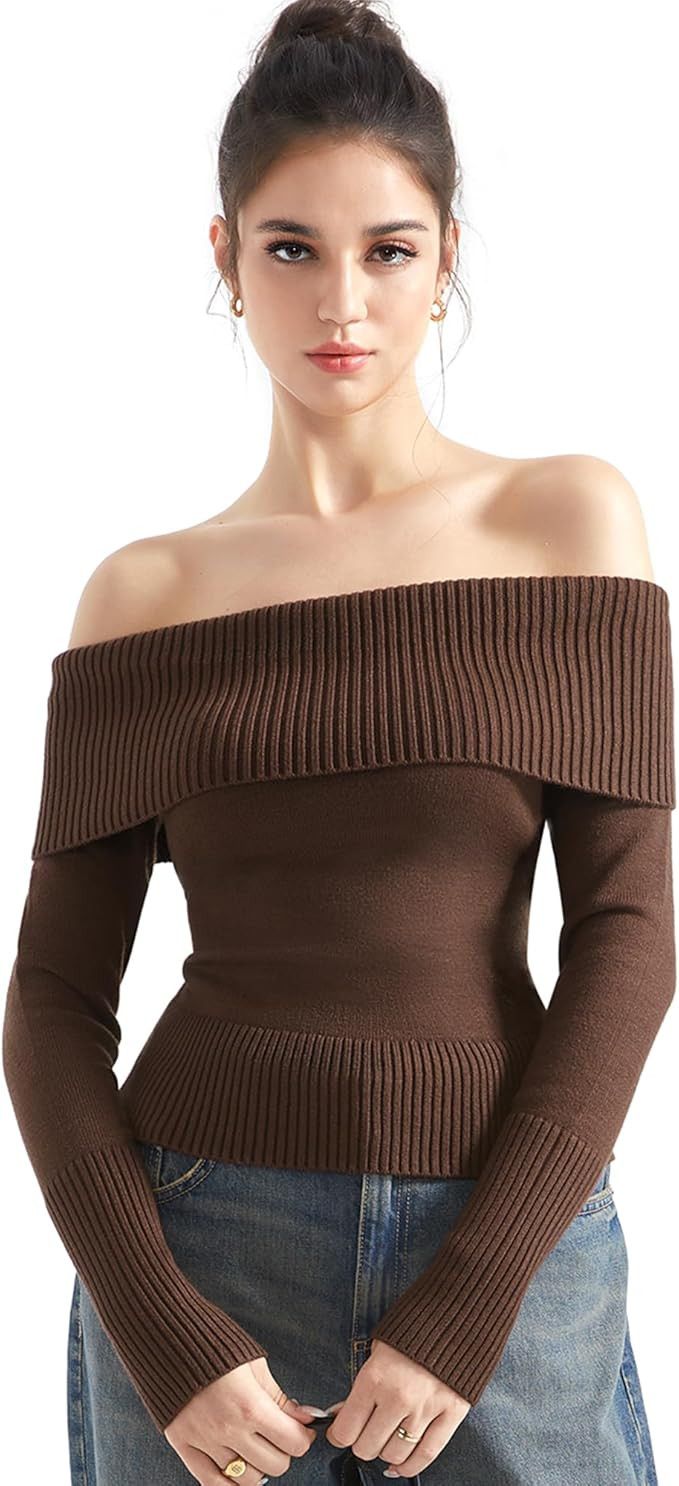 SUUKSESS Women Off Shoulder Sweaters Long Sleeve Ribbed Knit Going Out Fall Tops Blouse | Amazon (US)